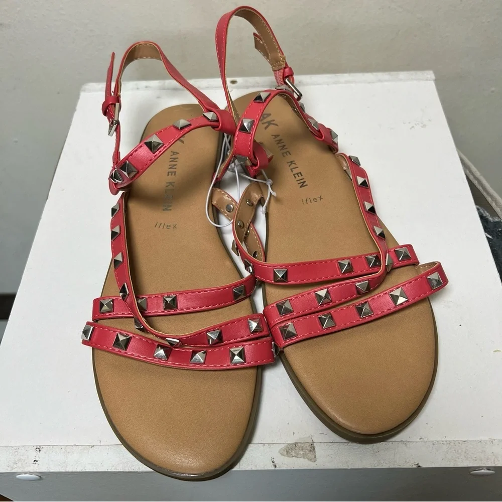 Like New Anne Klein Talulah Coral Pink Studded Flat Gladiator Sandals Sz 8.5 - Picture 2 of 9